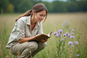 Femme observant des fleurs mauves sauvages dans une prairie lors d'une balade nature