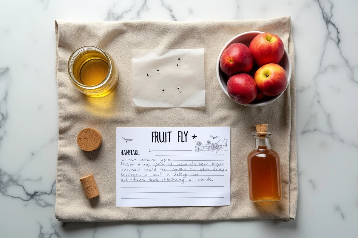 Vue de dessus des ingrédients pour fabriquer un piège à moucherons naturel et sans danger : bocal en verre, vinaigre de cidre, film plastique et fruits mûrs sur un plan de travail en marbre