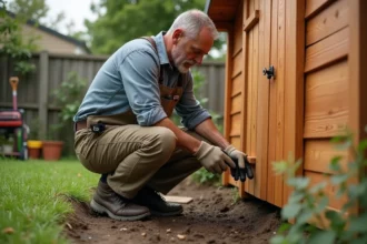 Homme inspectant la base d’un abri de jardin en extérieur