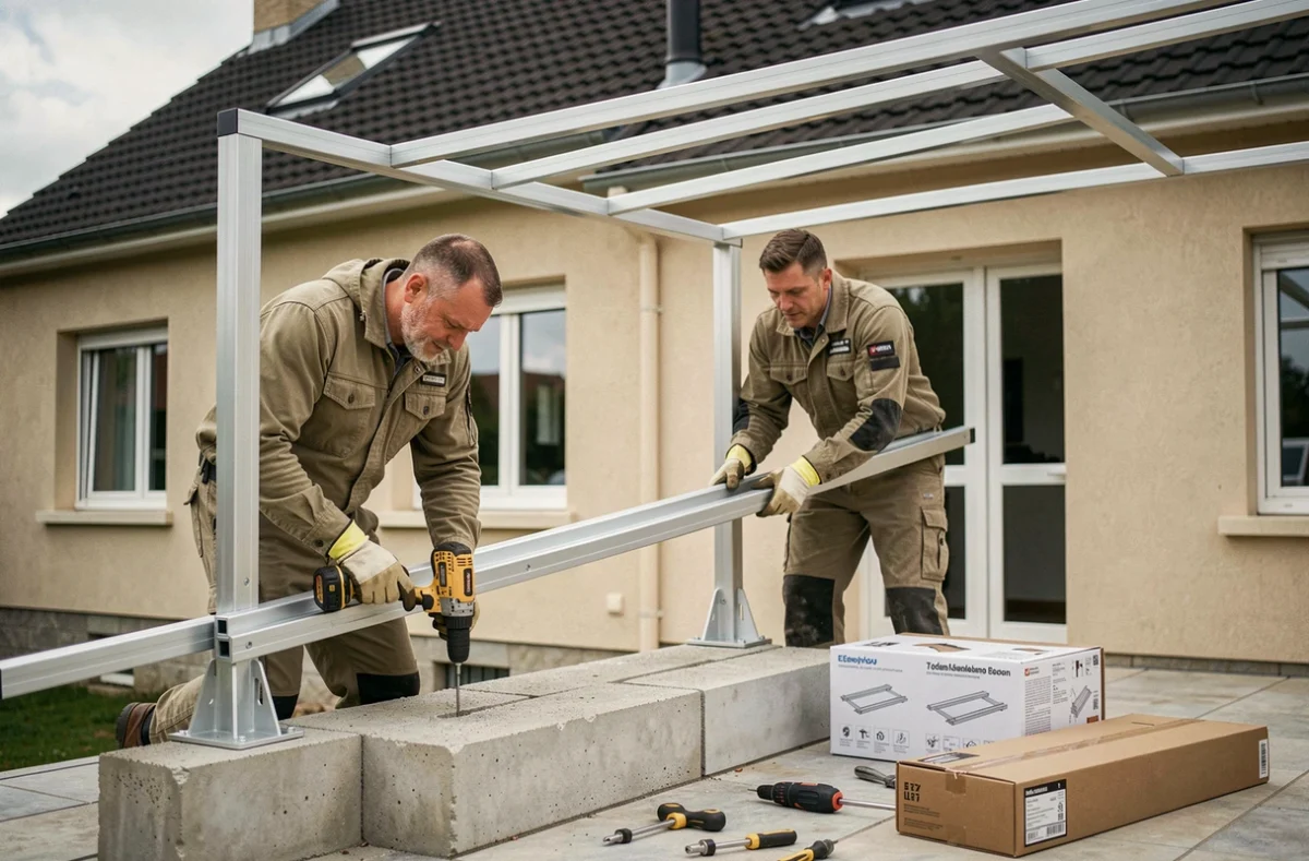 Deux installateurs professionnels en train de monter une pergola 5x4 sur une terrasse en béton d'une maison individuelle française