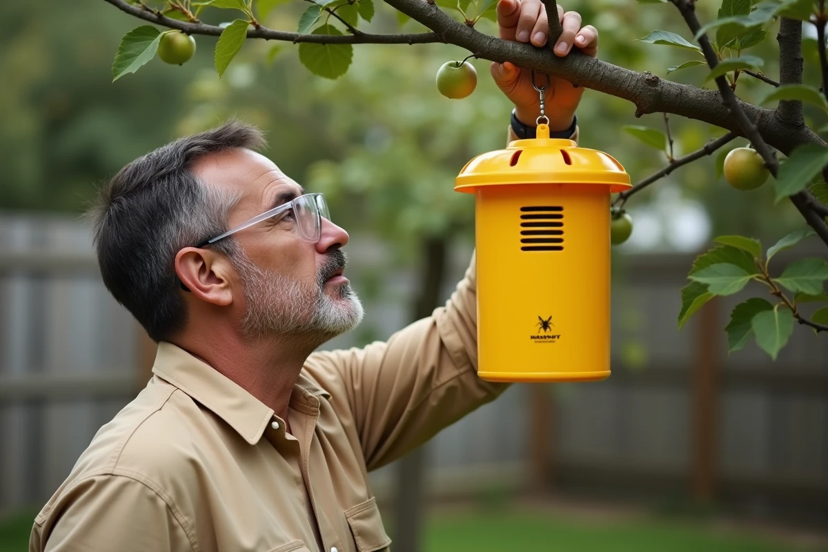 Homme installant un piège à frelons du commerce jaune dans un jardin avec des arbres fruitiers