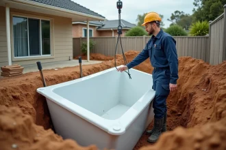 Installateur professionnel guidant la pose d'une piscine coque en fibre de verre dans un jardin en chantier