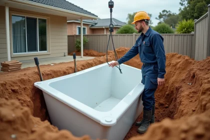 Installateur professionnel guidant la pose d'une piscine coque en fibre de verre dans un jardin en chantier