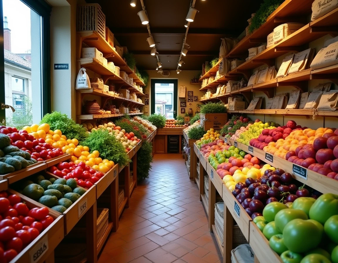 Intérieur d'un magasin de fruits et légumes local avec produits frais de saison en France