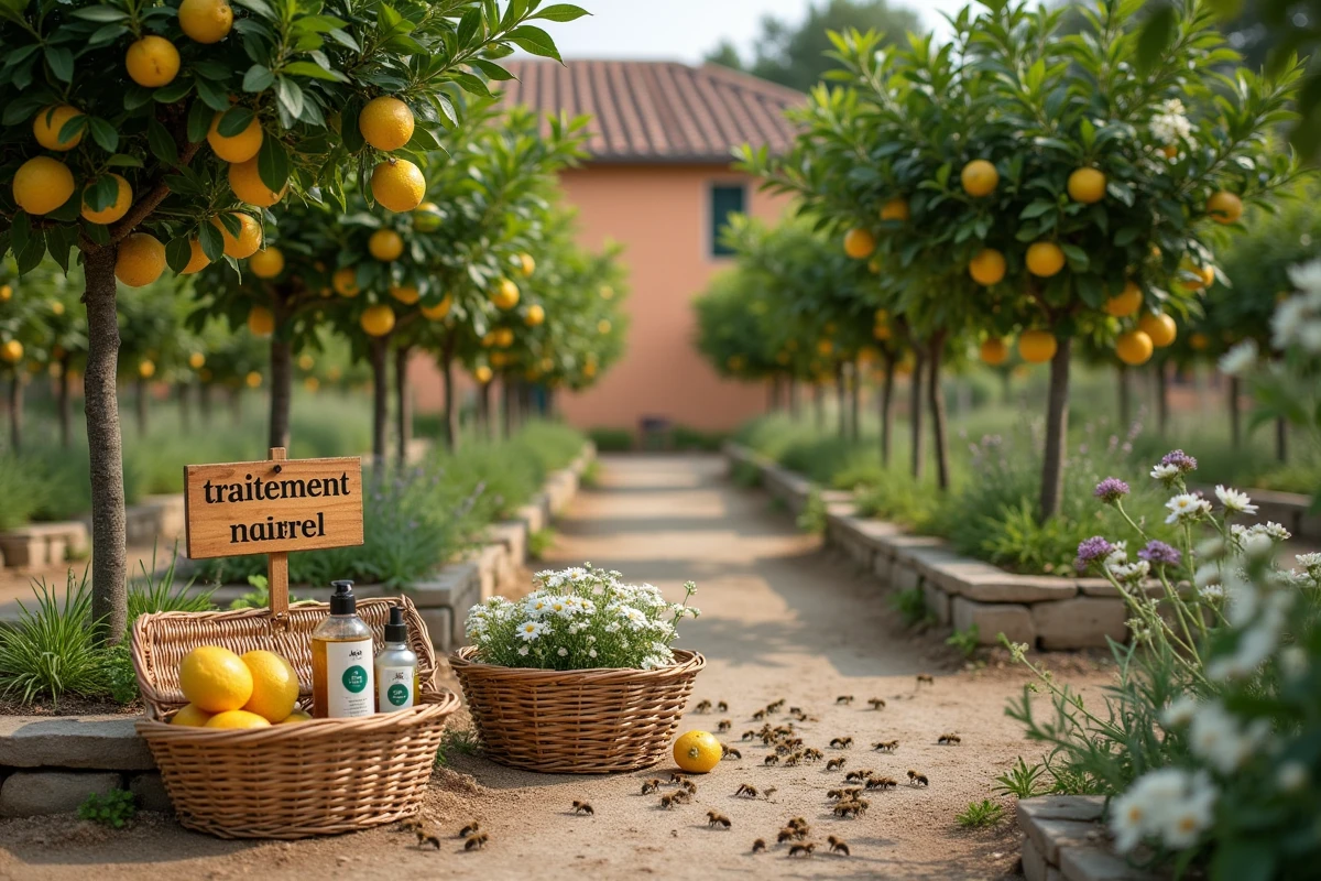 Jardin de citronniers biologiques avec abeilles butinant les fleurs et produits de traitement naturel contre les cochenilles