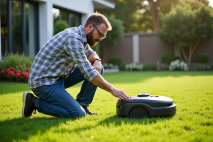 Homme regardant un robot tondeuse dans un jardin bien entretenu