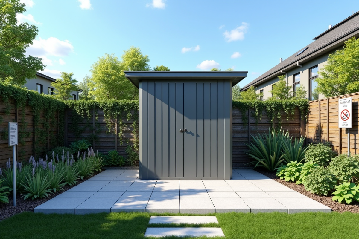 Petit abri de jardin en métal dans un jardin urbain moderne