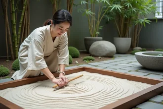 Femme créant un jardin zen sur terrasse avec râteau en bois et gravier blanc, ambiance apaisante et minimaliste
