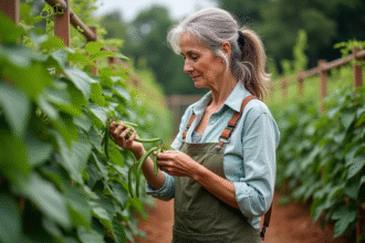 Femme récoltant des haricots verts dans un jardin