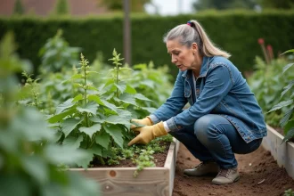Femme inspectant des plants de haricots verts dans le jardin