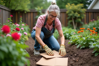 Femme d'âge moyen en jardinage posant du carton dans un jardin