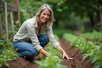 Femme d'âge moyen en jardinage plantant des tomates dans le jardin