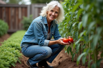 Femme au jardin inspectant des tomates mûres dans un jardin
