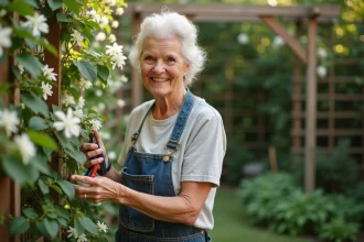 Femme d'âge moyen en vêtements de jardinage taillant une glycine