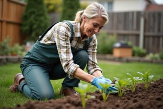 Femme en salopette plantant des jeunes légumes dans le jardin