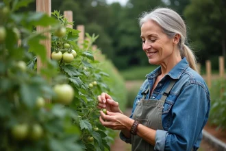 Femme de jardinage cueillant une tomate dans un jardin