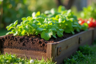 Jardin surélevé avec légumes et herbes verts