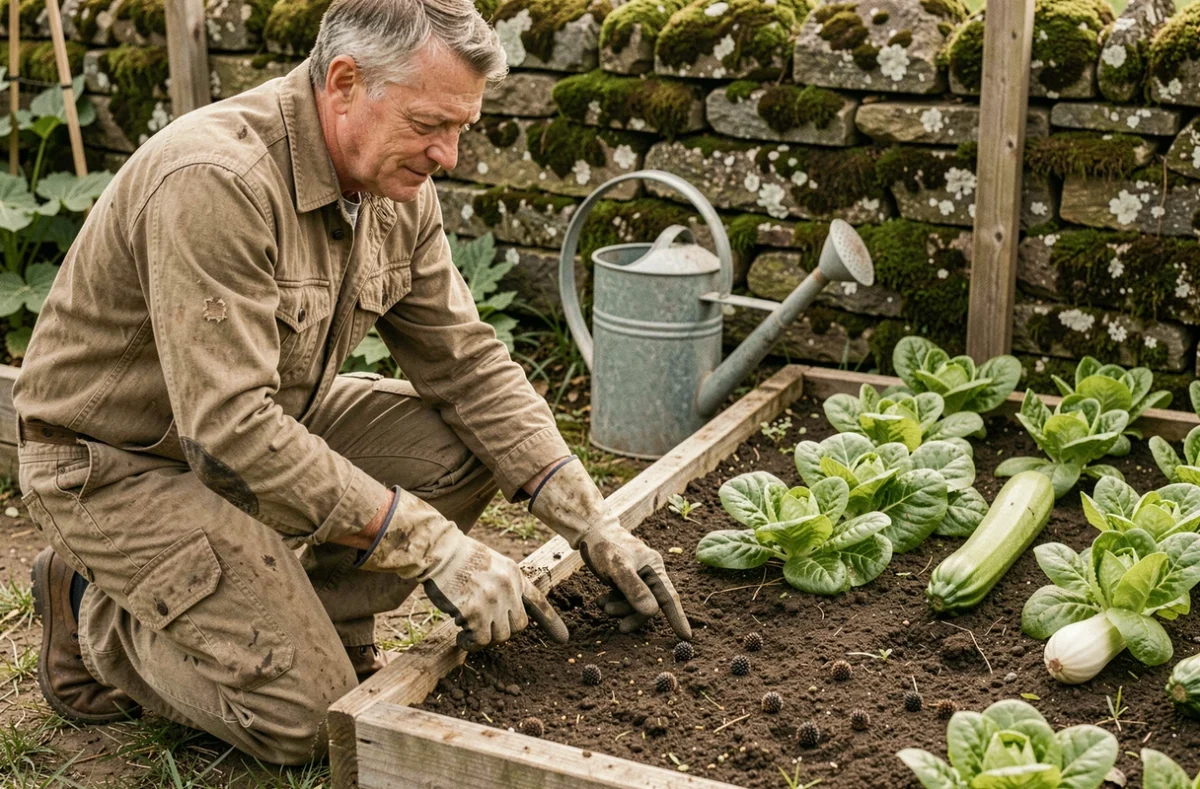Jardinier montrant des crottes de hérisson dans son potager comme signe positif de présence d'un auxiliaire naturel contre les nuisibles