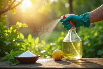 Main gantée d'un jardinier pulvérisant une solution naturelle contre les mauvaises herbes dans un jardin verdoyant