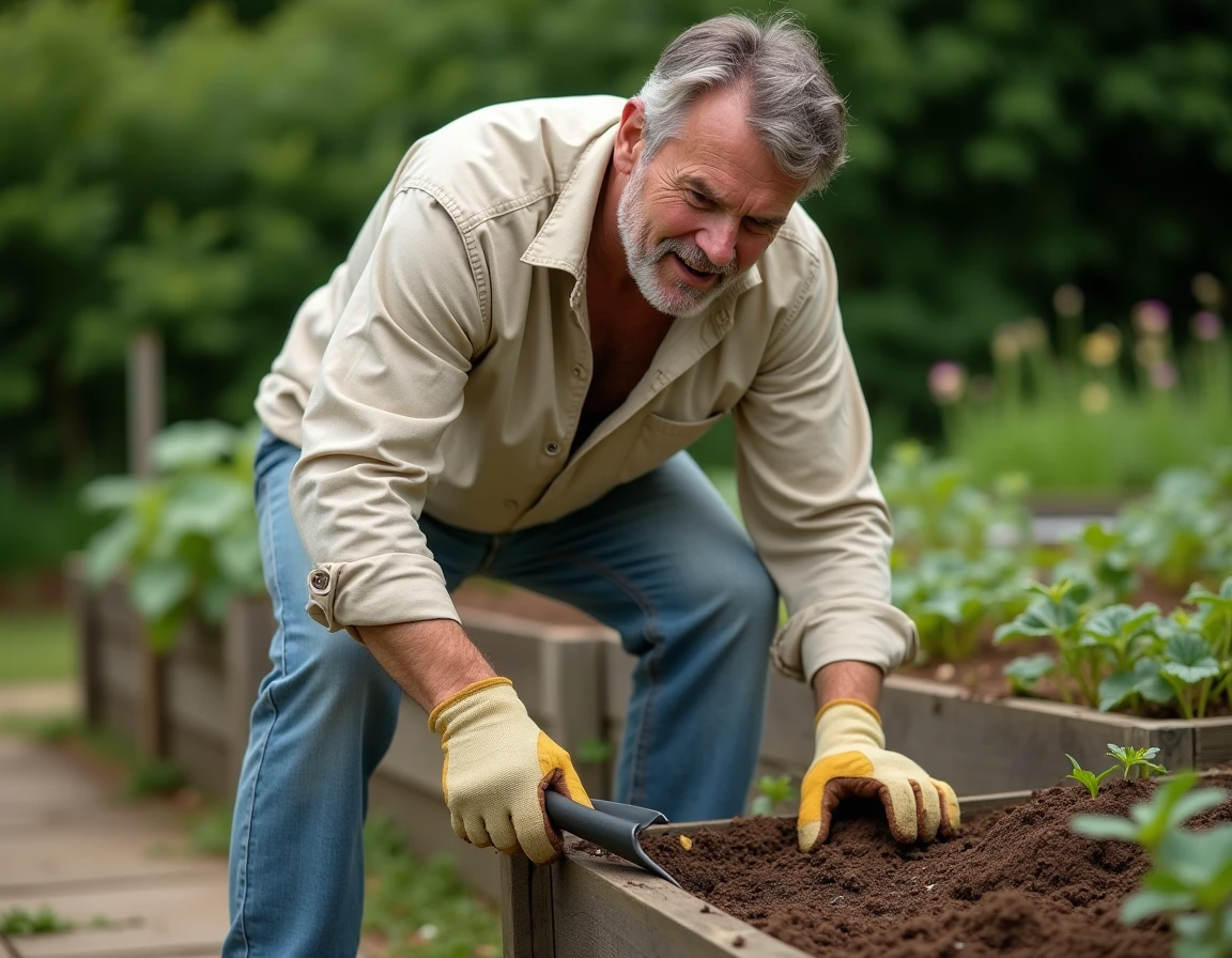 Jardinier qui s'arrête de bêcher après avoir repéré une activité de guêpes au sol dans son potager