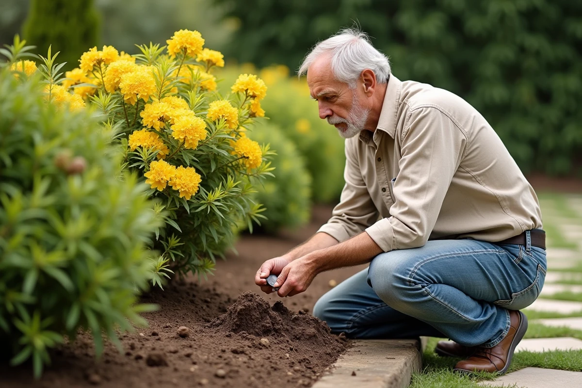 Jardinier examinant un échantillon de sol calcaire alcalin près d'un laurier rose jaunissant en pleine terre