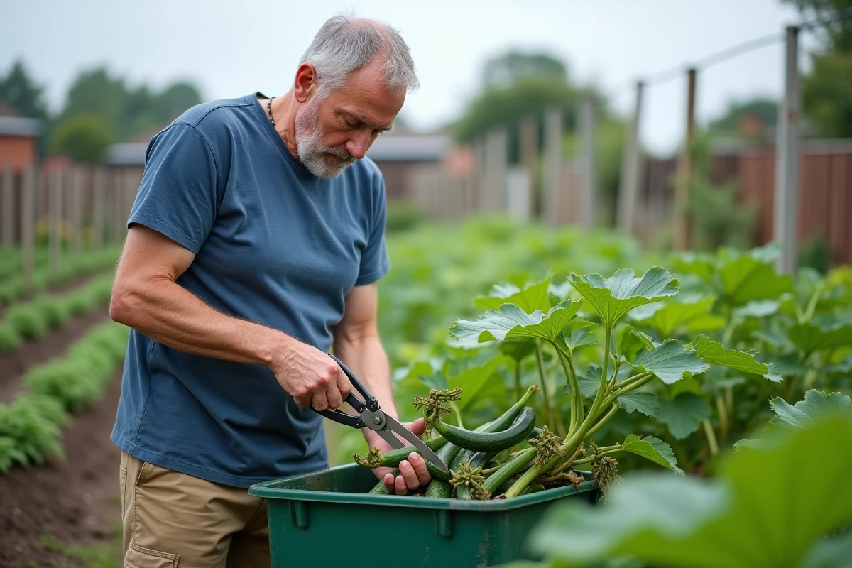 Jardinier retirant les tiges malades de courgettes avec un sécateur dans un jardin potager partagé