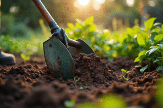 Jardinier utilisant un motoculteur robuste dans un jardin verdoyant au matin