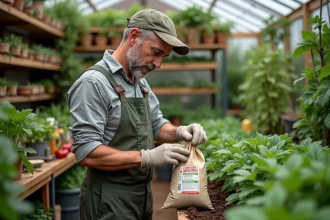 Jardinier professionnel mesurant du ricin dans une serre