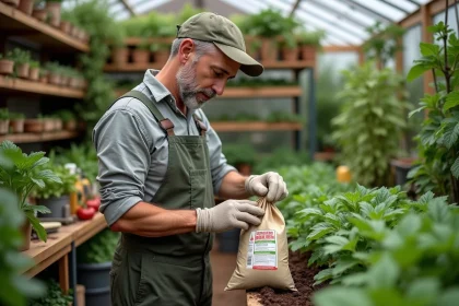 Jardinier professionnel mesurant du ricin dans une serre