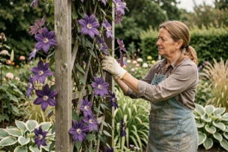 Jardinière expérimentée guidant des clématites violettes sur un treillis en bois dans un massif de jardin de cottage