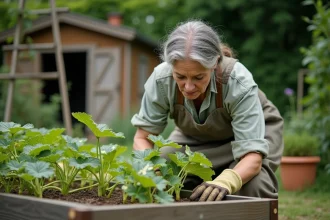 Jardinière examinant une courgette malade aux feuilles jaunies et atteintes d'oïdium dans un potager