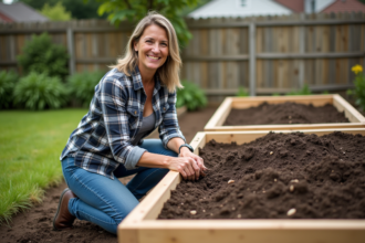 Femme d'âge moyen en jeans et chemise à carreaux près d'un lit de jardin en bois