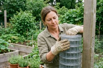 Jardinière amateur installant un grillage souple autour d'un potager surélevé dans un jardin suburban verdoyant