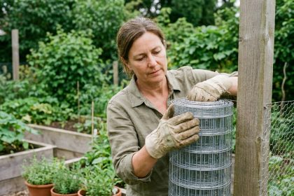 Jardinière amateur installant un grillage souple autour d'un potager surélevé dans un jardin suburban verdoyant