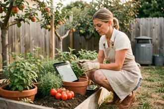 Femme jardinière consultant une application de permaculture sur tablette dans un potager en carrés avec plantes compagnes