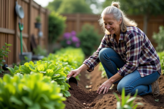 Femme en chemise à carreaux arrosant ses légumes bio