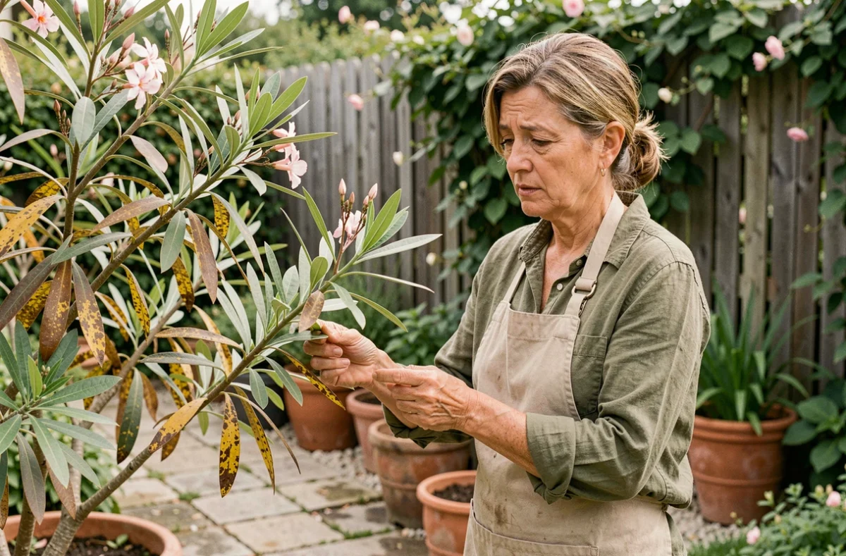 Jardinière inspectant un laurier rose aux feuilles jaunes et tachées de marron dans un jardin français ensoleillé