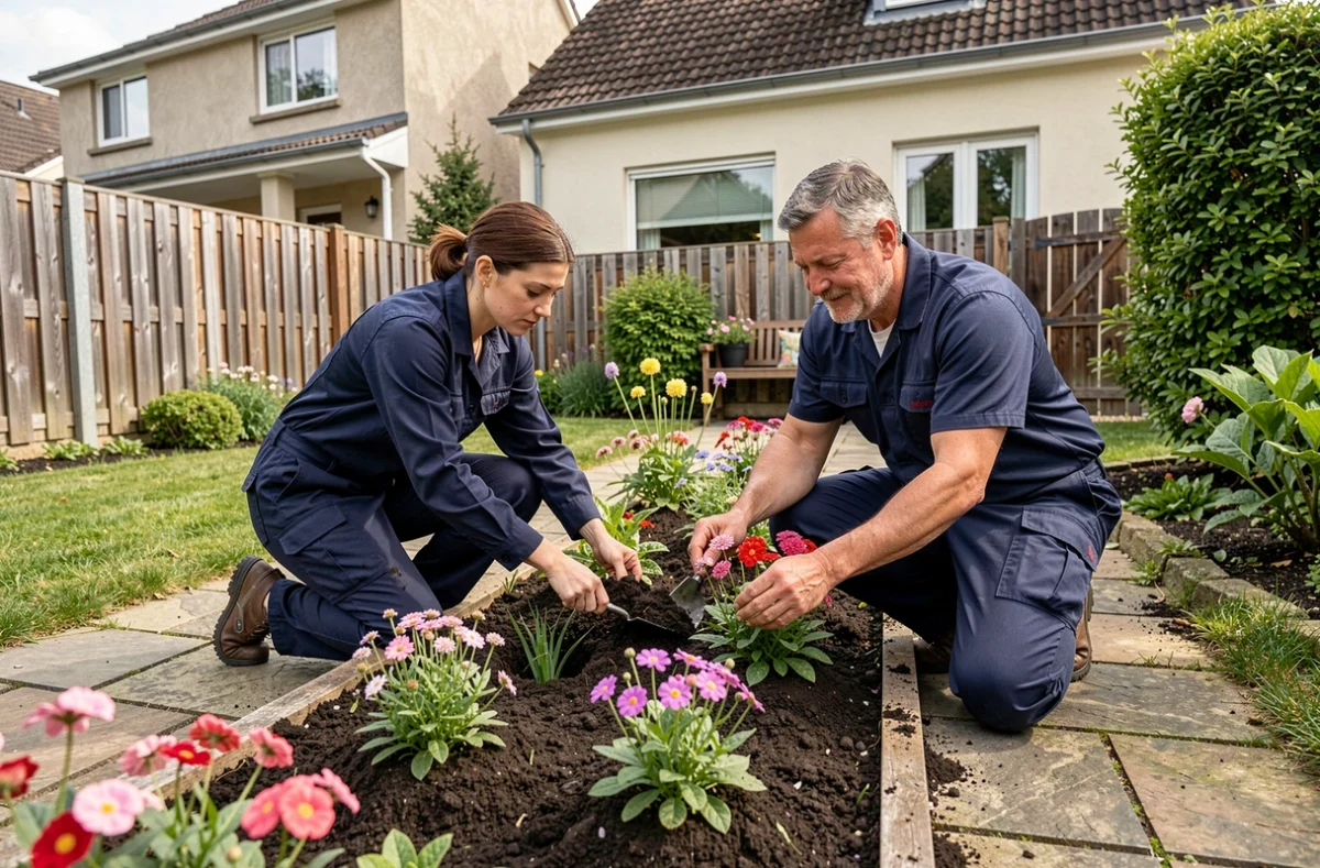 Deux jardiniers de Jardiniers S.A.P en tenue professionnelle plantant des fleurs dans un jardin résidentiel de banlieue lyonnaise