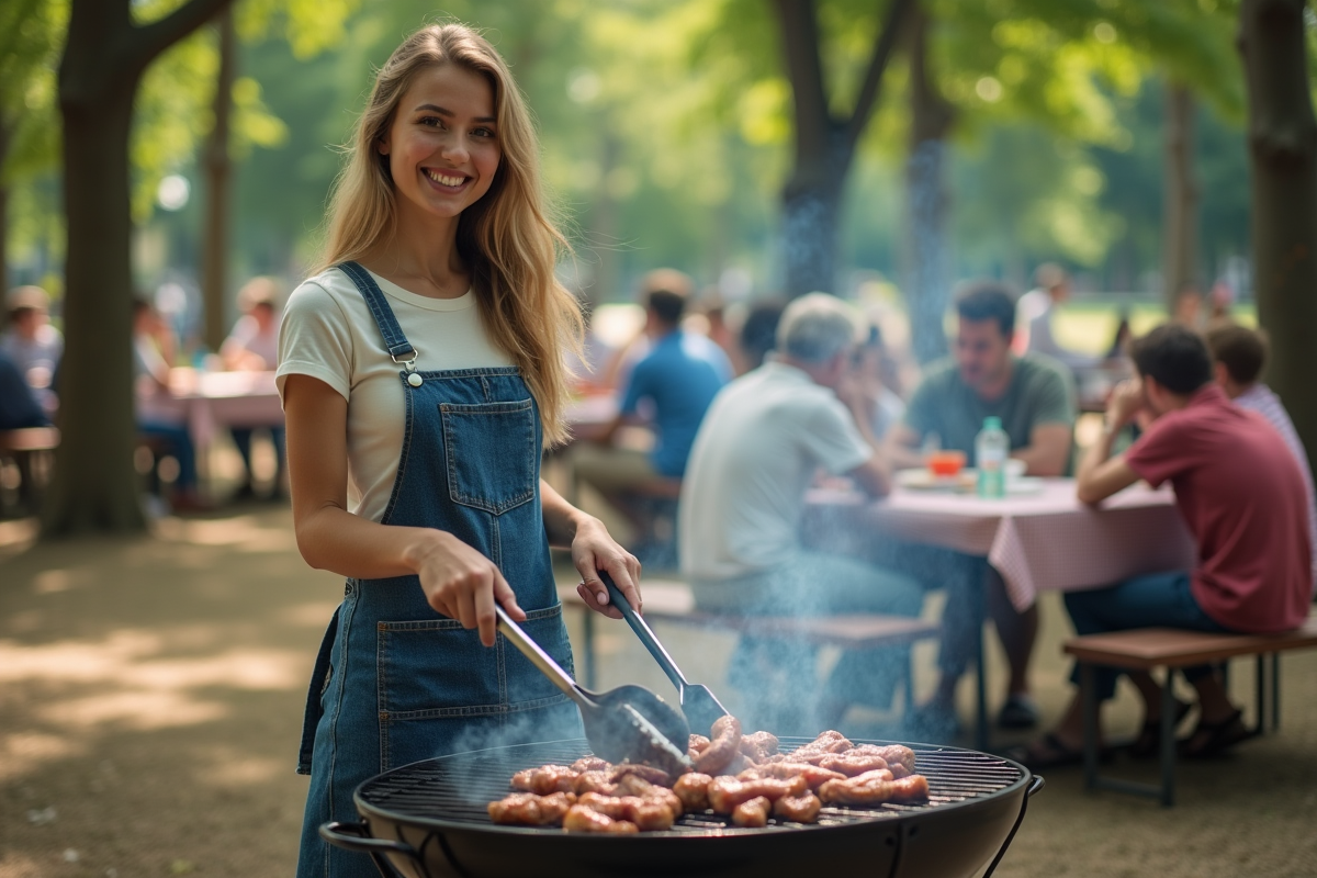 Jeune femme souriante près du barbecue en parc