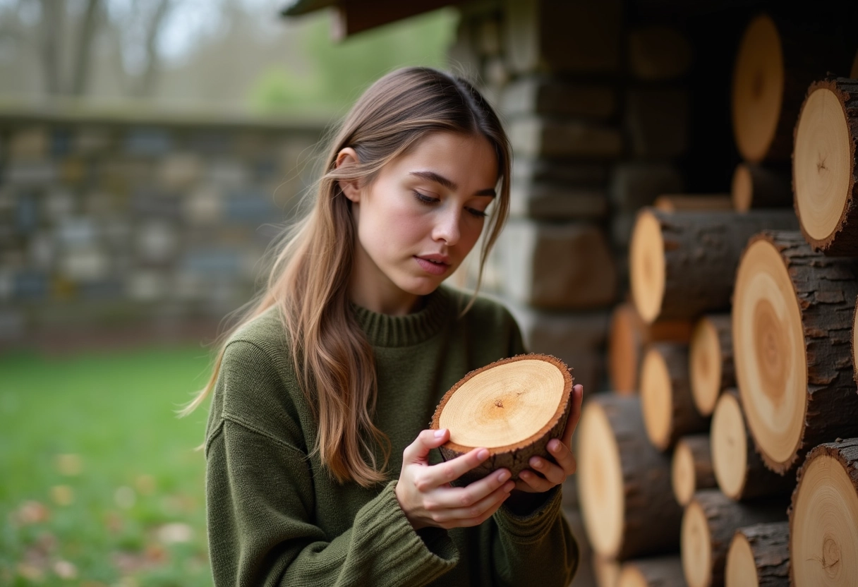 Jeune femme examine un morceau de bois dans un jardin rural