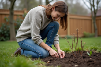 Jeune femme en jardinage au printemps avec semis