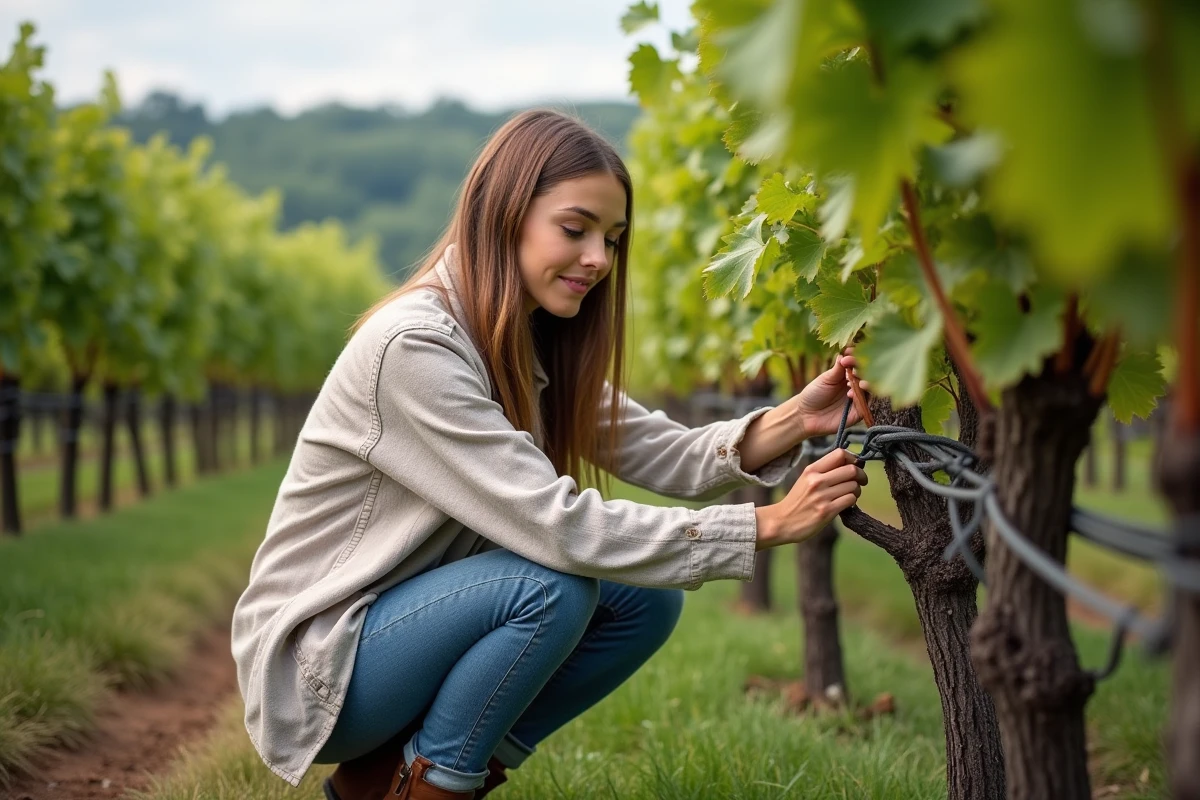 Jeune femme attache la croissance des vignes en été