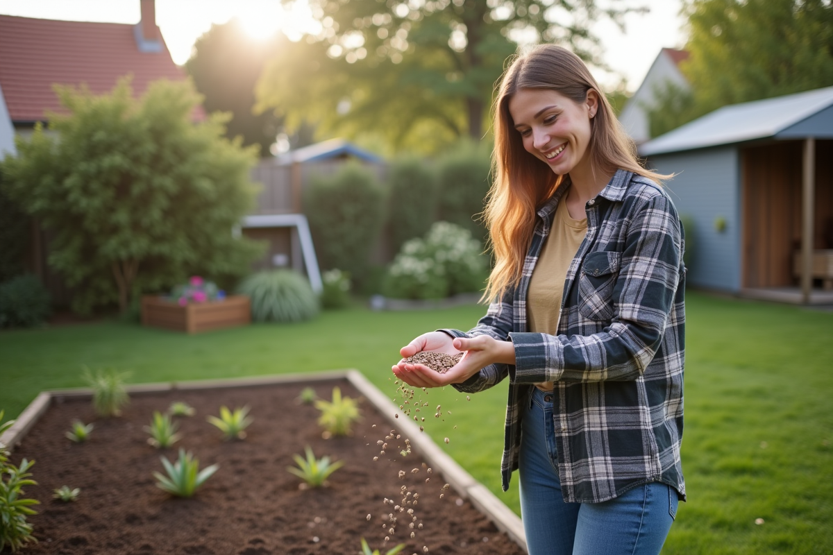 Jeune femme plantant des graines dans un jardin urbain