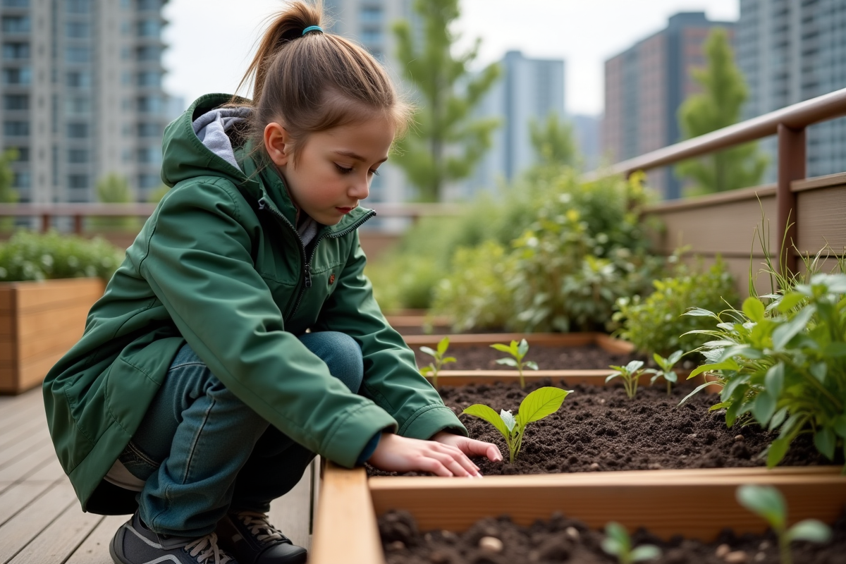 Jeune fille plantant un jeune arbre dans un jardin urbain sur un toit