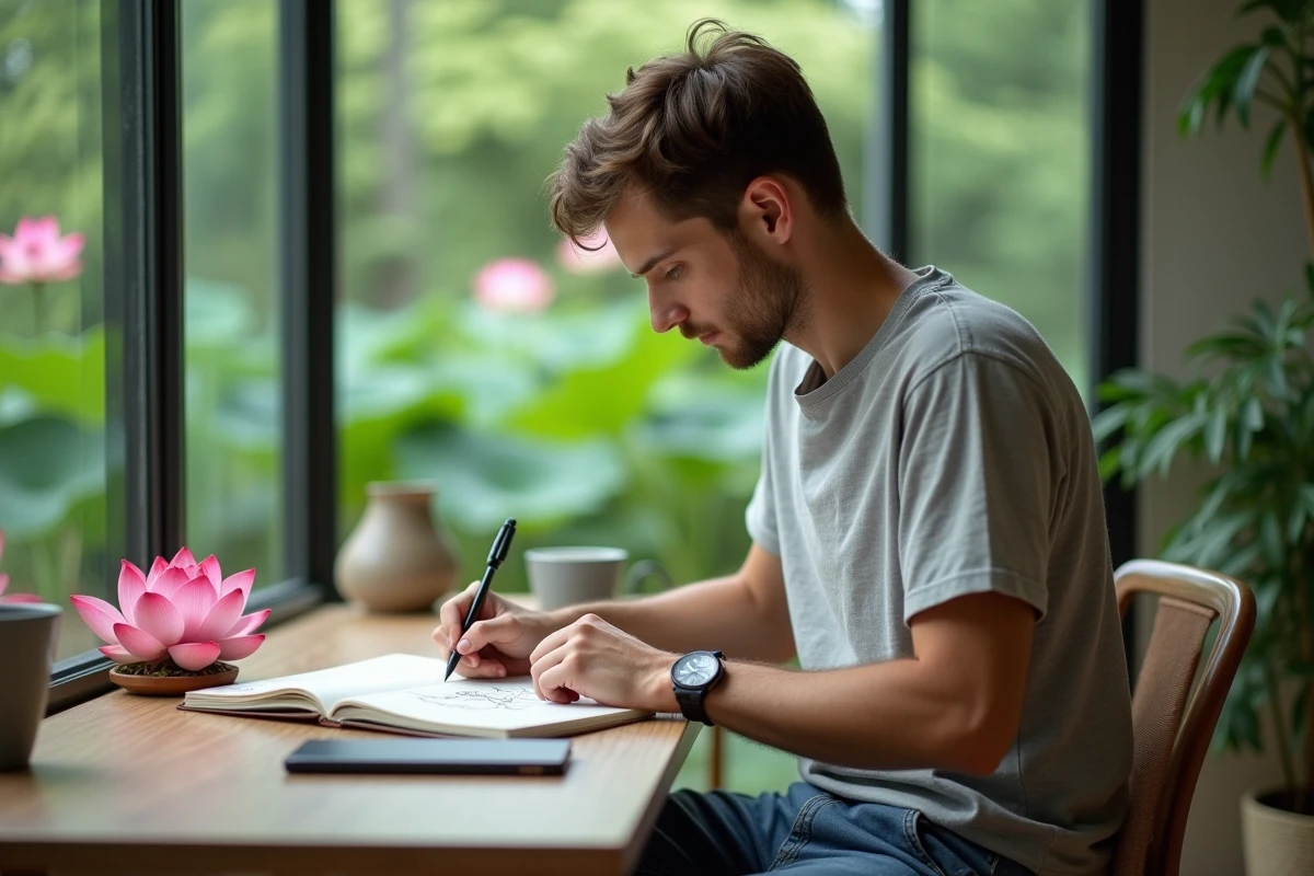Jeune homme dessinant un lotus dans un bureau lumineux