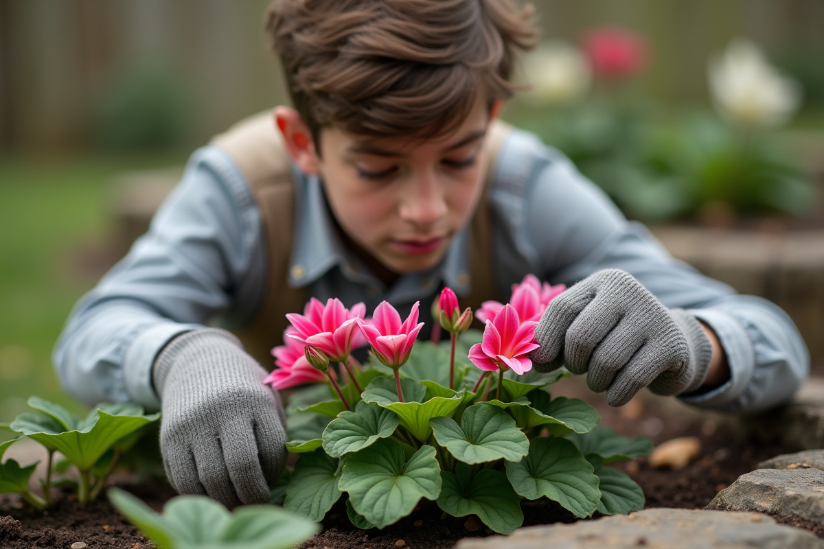 Jeune homme pinçant une fleur fanée de cyclamen dans le jardin