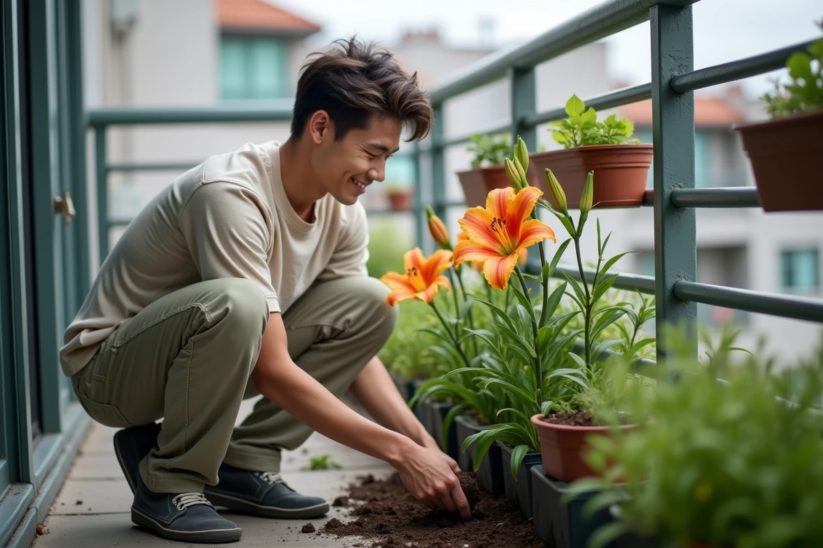 Jeune homme vérifiant la terre d’un lys en balcon urbain