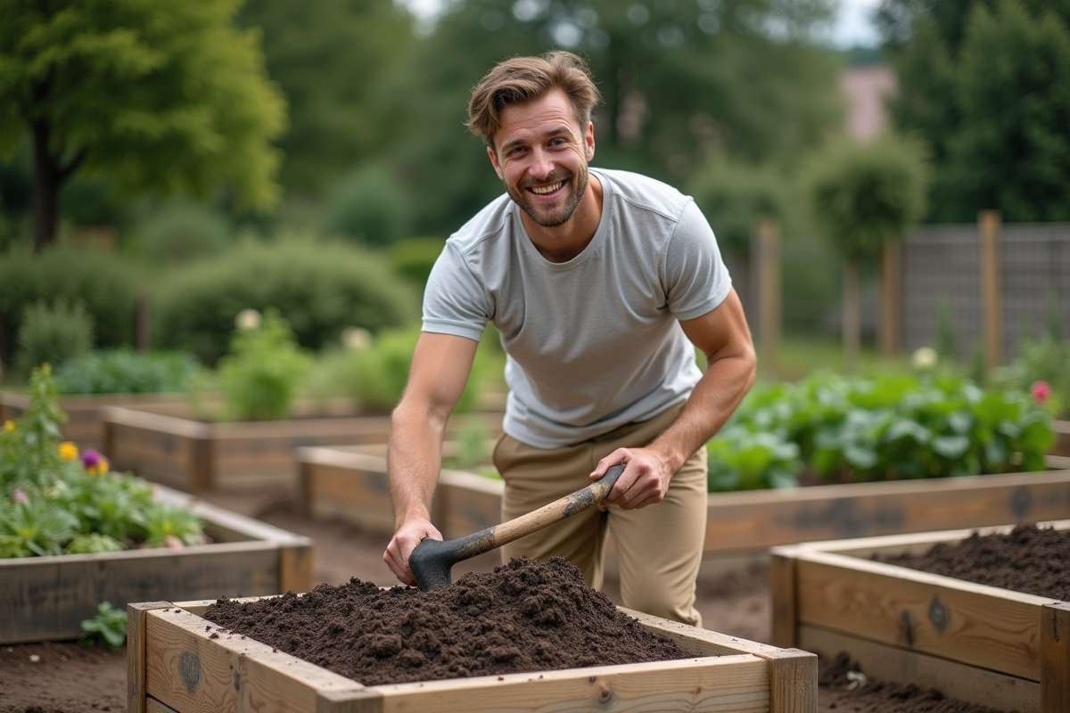 Jeune homme souriant remplissant un lit de jardin avec une pelle
