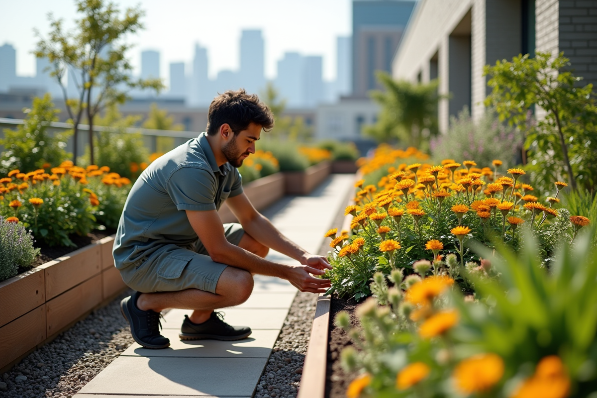 Jeune homme étiquetant des fleurs sur un toit urbain