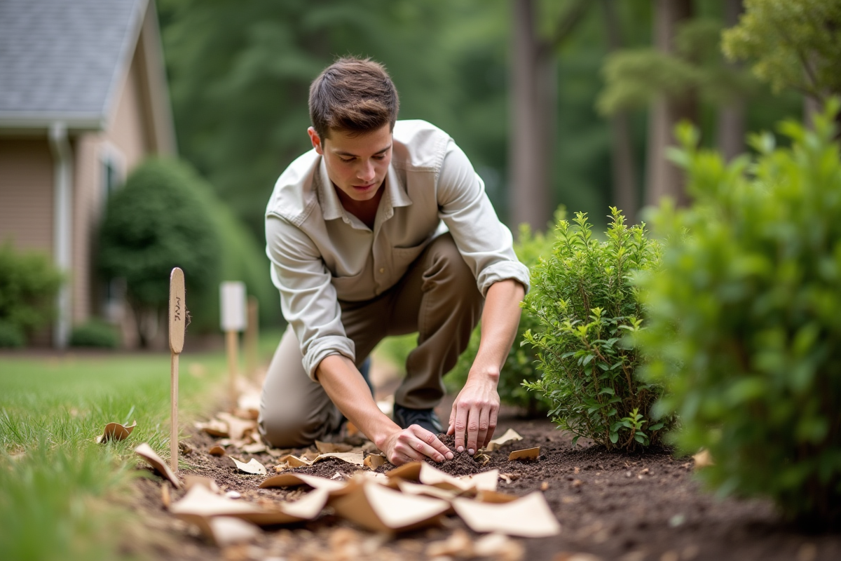 Jeune homme étalant du carton autour de jeunes arbustes